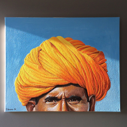 Peinture acrylique d'un homme au turban ; travail finalisé