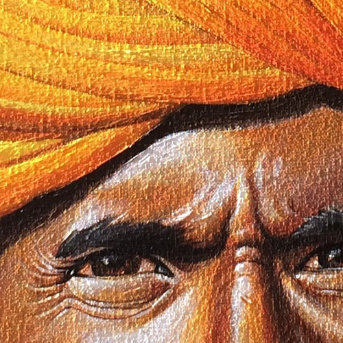 Peinture acrylique d'un homme au turban ; détail de réalisation