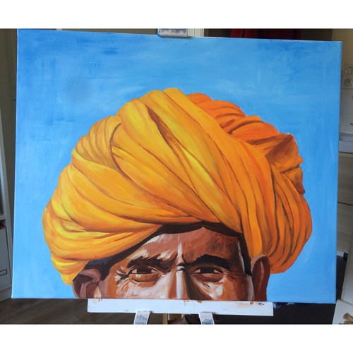 Peinture acrylique d'un homme au turban. WIP3
