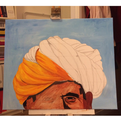 Peinture acrylique d'un homme au turban. WIP2