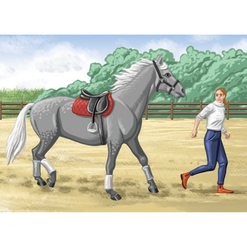 Illustration de cheval et cavalière à pieds