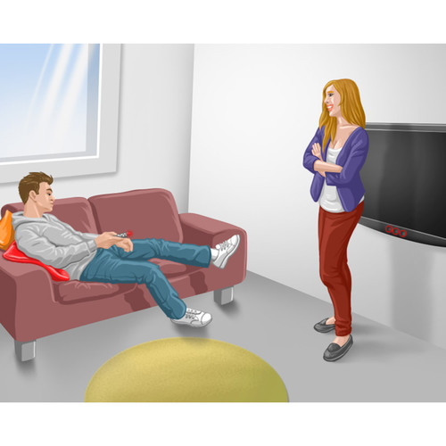 Illustration d'homme sur un canapé et femme devant télé