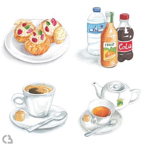 4 illustrations à l'aquarelle de dessert, boissons, thé et café